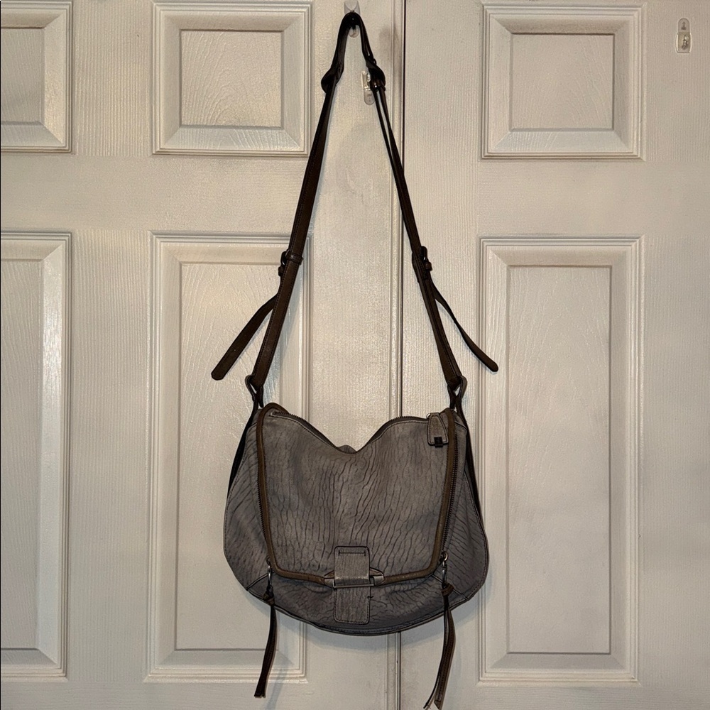 Kooba Jonnie Textured Gray Butter Leather With Taupe Trim Crossbody Bag